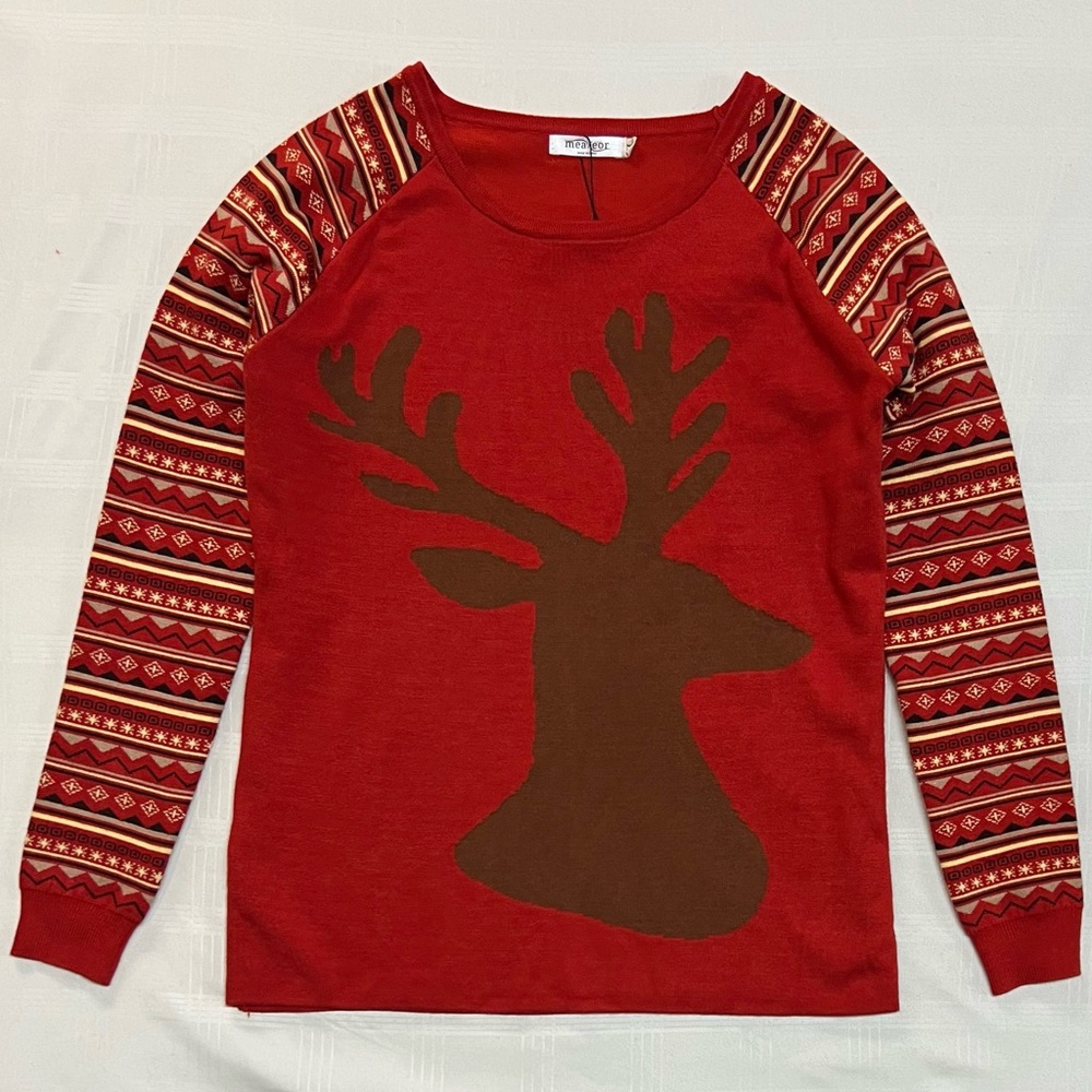 Meaneor Women’s Sweater Size M Red Brown Multi-Color Christmas Holiday Festive